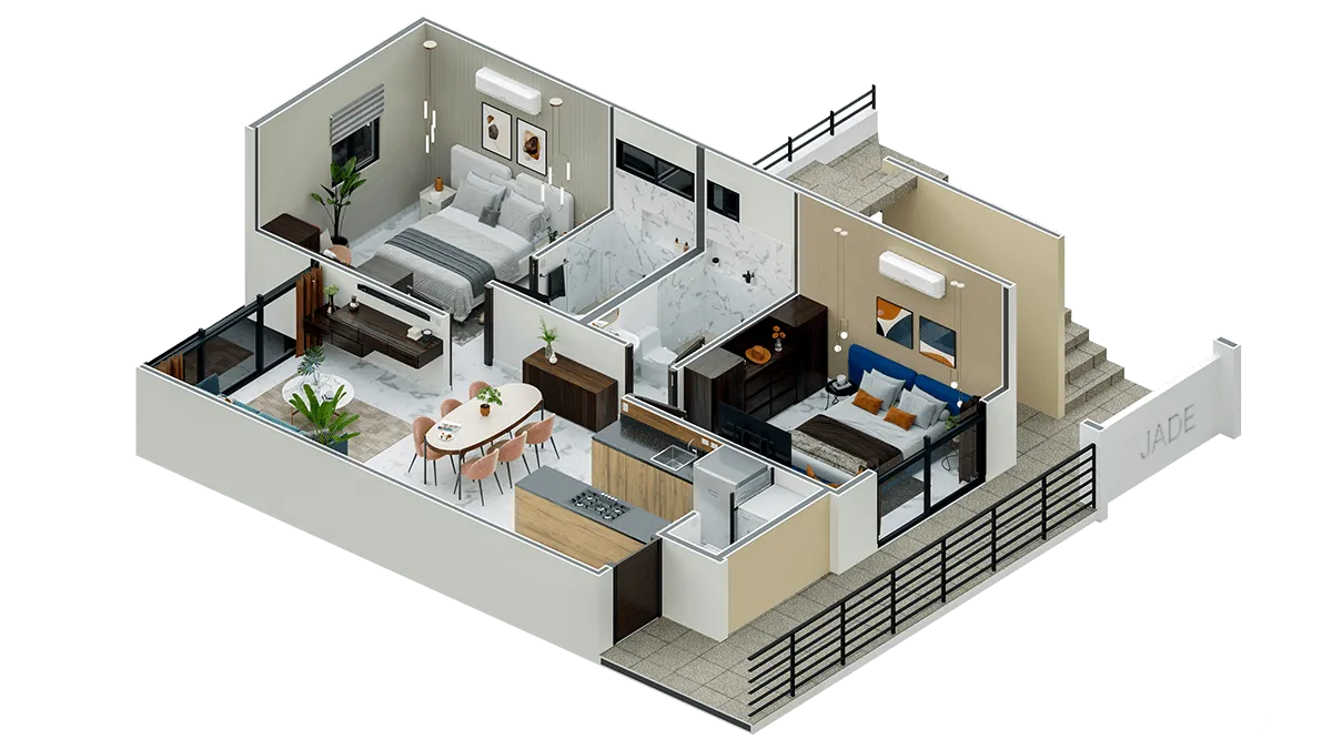 Distribución 3D isométrica del departamento Altosur — modelo Loft Diamante